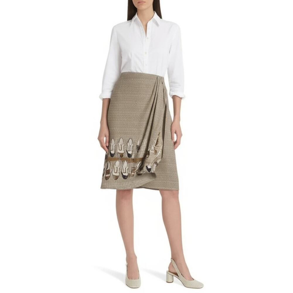 AUSTIN REED Tan Multi-Color Shoe Print Faux Wrap Vintage Skirt Size 8‎